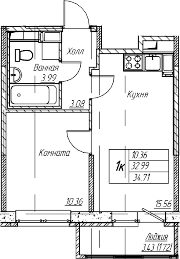 1-комнатная квартира 34.71 м², 8/22 эт., ЖК «Парк-квартал Юнтолово»